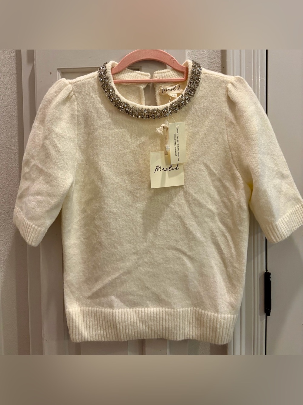 NWT MARLED Cream Short-Sleeve Crystal Collar Sweater/Special Occasions & Classy